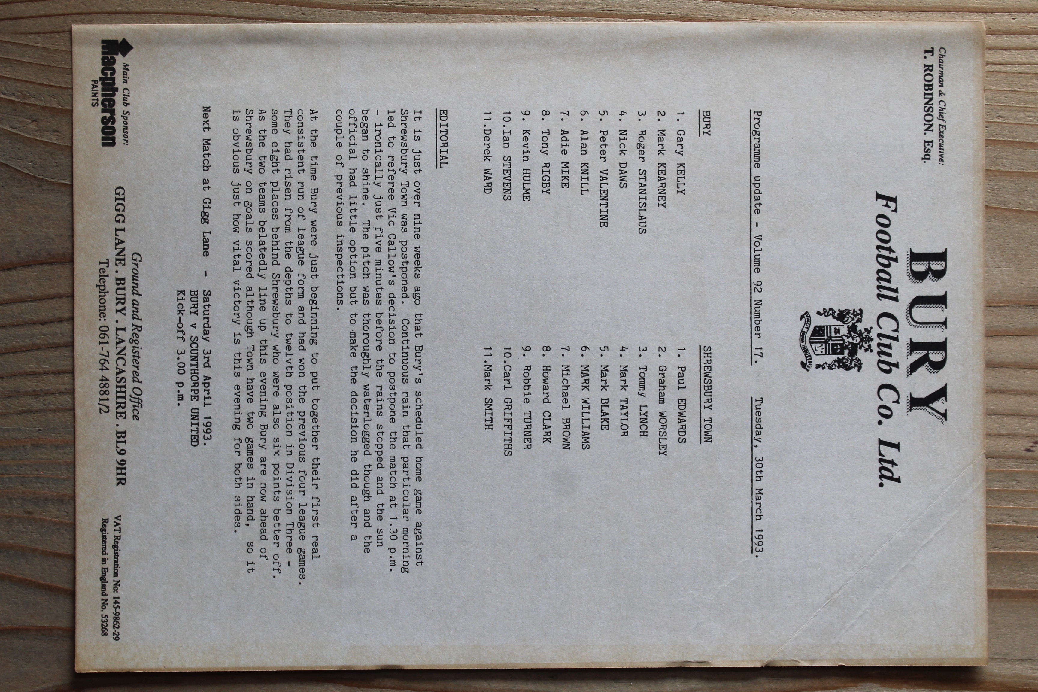 Bury FC v Shrewsbury Town FC