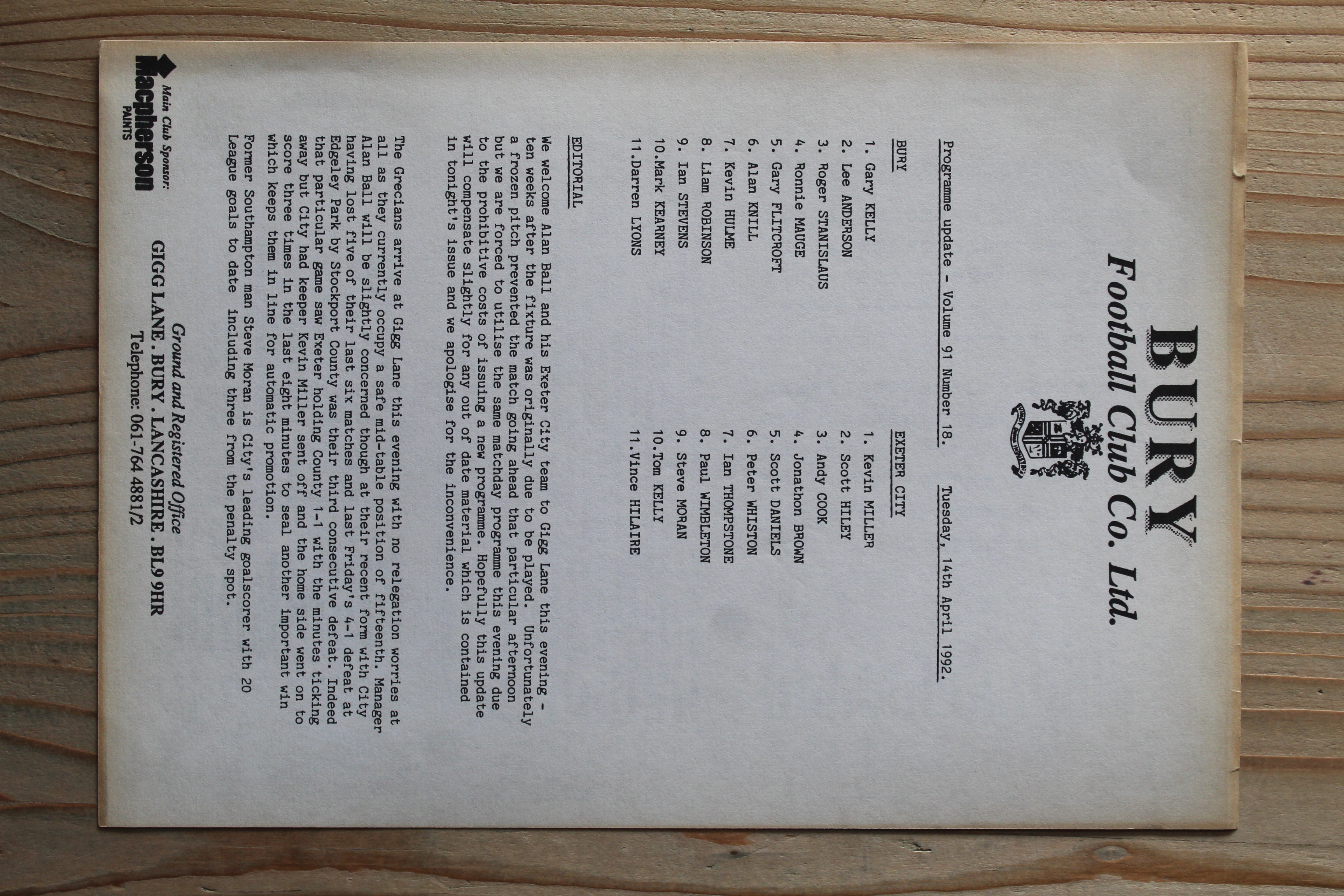 Bury FC v Exeter City FC