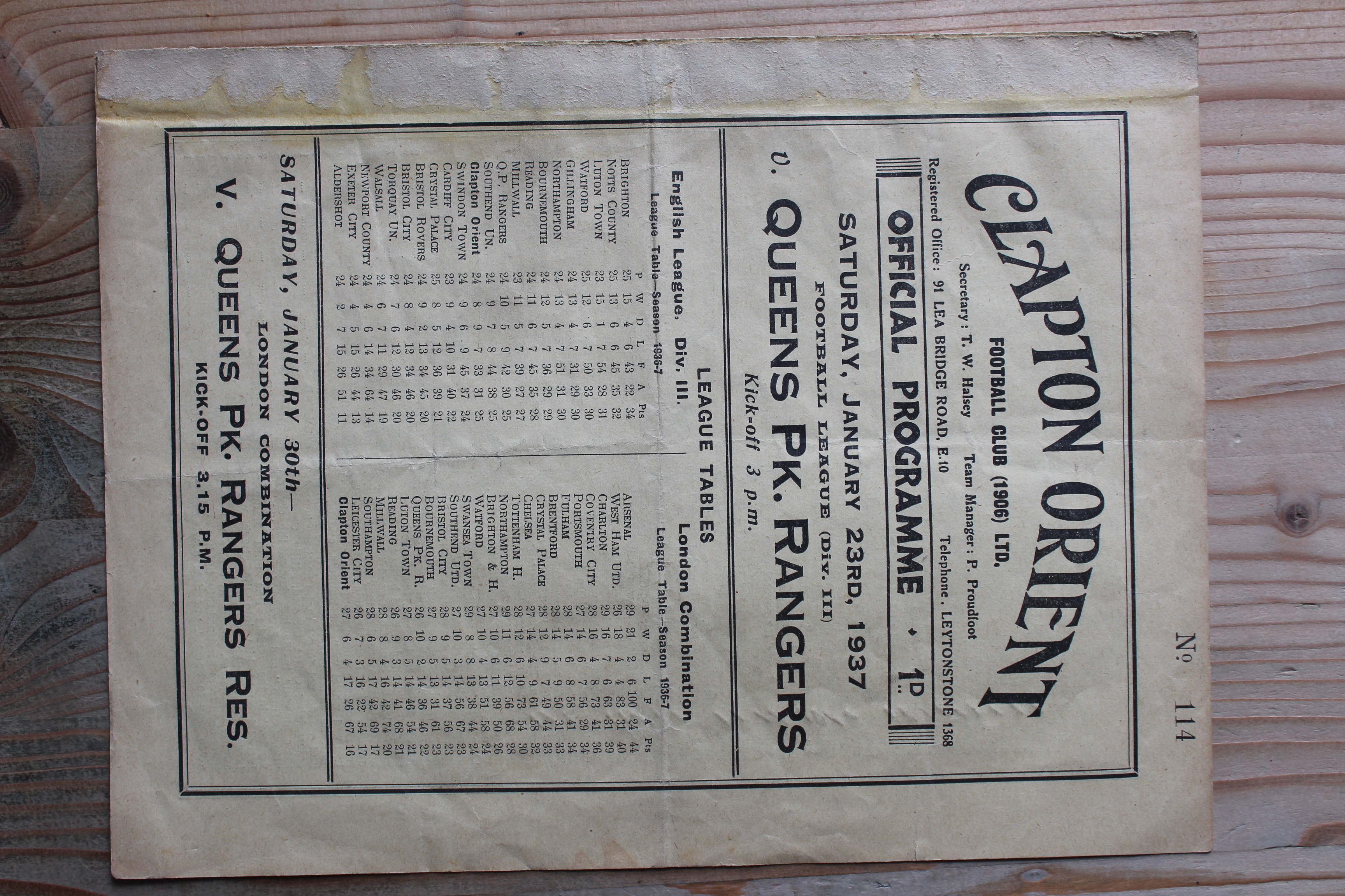 Clapton Orient v Queens Park Rangers FC(23/01/1937)